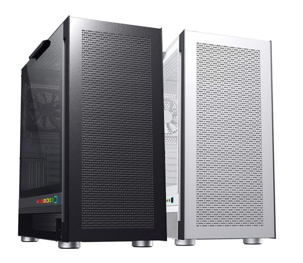 A black DIYPC IDX6 and a white DIYPC IDX6 are facing slightly to the right to show the front, feet and left side panel.
